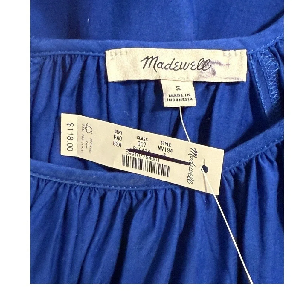 Madewell Shirred Puff-Sleeve‎ Top in Cotton-Silk Voile Bright Sapphire Small NWT